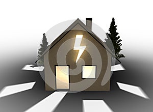 Qlowing cardboard house with flash symbol. Isolated on white background.