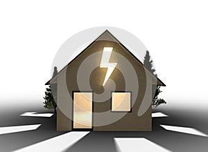 Qlowing cardboard house with flash symbol. Isolated on white background.