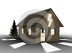 Qlowing cardboard house with flash symbol. Isolated on white background.