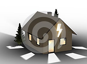 Qlowing cardboard house with flash symbol. Isolated on white background.