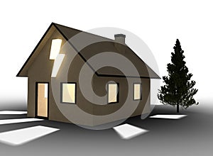 Qlowing cardboard house with flash symbol. Isolated on white background.