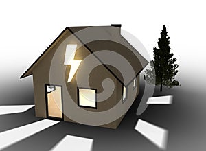 Qlowing cardboard house with flash symbol. Isolated on white background.