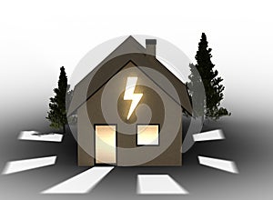 Qlowing cardboard house with flash symbol. Isolated on white background.