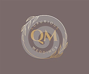 QM letter Wedding monogram logos template, hand drawn modern minimalistic and floral templates for Invitation cards, Save the Date