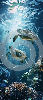 Qquatic turtles swimming happily among other fish and corals of the Brazilian fauna