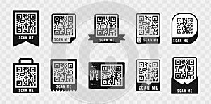 Qr code frame set. Template of frames for QR code with text - scan me. Quick Response codes for smartphone, mobile app, payment