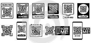 Qr code frame vector set. QR code scan for smartphone. Template scan me Qr code for smartphone. QR code for mobile app, payment