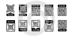 Qr code frame vector set. Scan me phone tag.  Barcode smartphone id icon. Cellphone qrcode banner. Mobile payment and identity