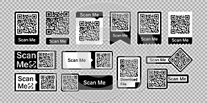 Qr code frame vector set. Scan me phone tag. Qr code mock up, mockup. Barcode smartphone id icon. Cellphone qrcode banner. Mobile