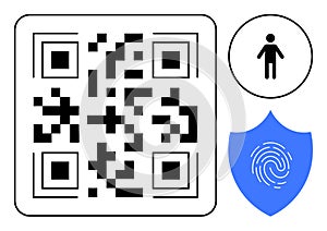QR Code with Human Icon and Fingerprint on Security Shield Representing Digital Identity