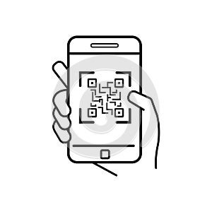 QR code icon. Hand holds smartphone with scannable identity application