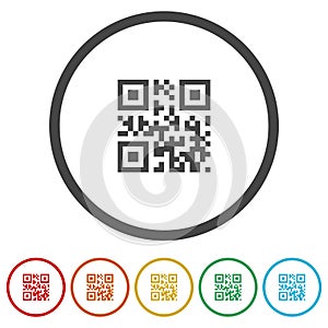 QR code icon. Set icons in color circle buttons