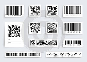 QR code label. Barcode product price scan tags. Digital data information. Realistic sticky paper sheets. Merchandise