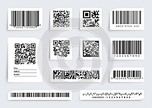 QR code label. Barcode product price scan tags. Digital data information. Realistic sticky paper sheets. Merchandise inventory