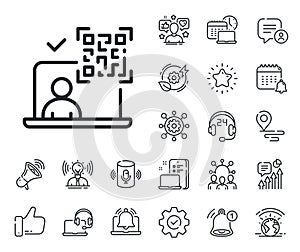 Qr code line icon. Scan barcode sign. Place location, technology and smart speaker. Vector