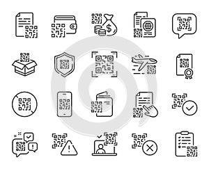 Qr code line icons. Vaccination certificate, phone qr scan and qrcode document set. Vector