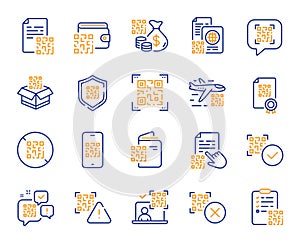 Qr code line icons. Vaccination certificate, phone qr scan and qrcode document set. Vector