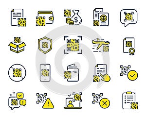 Qr code line icons. Vaccination certificate, phone qr scan and qrcode document set. Vector