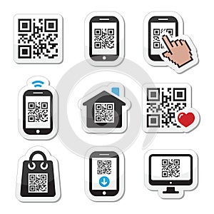 QR code on mobile or cell phone icons set