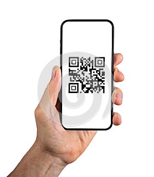 QR code on mobile phone app. QRcode scanner, reader app in hand isolated