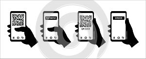 QR code mobile phone scan illustration. Hand holding phone scanning QR code for payment and order illustration. Quick response