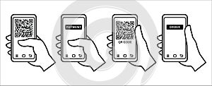 QR code mobile phone scan illustration. Hand holding phone scanning QR code for payment and order illustration. Quick response