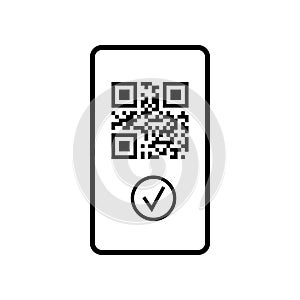 QR-code on mobile phone screen with check mark black icon.