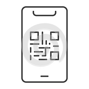 QR code on mobile phone thin line icon, technologies concept, qr code payment sign on white background, qr code on