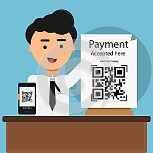 Qr code payment accepted here with man shows mobile scan qr code
