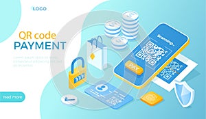 QR Code Payment. Mobile phone scans QR code. Fast cashless payments for goods and services. Isometric vector illustration for webs