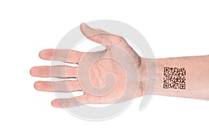 QR code on the person`s wrist. The concept of chipping a person to control or simplify the work with personal data, white isolate