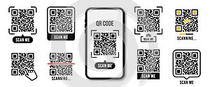 QR code, Quick Response code. QR code templates frames. Scan me, scanning tags of QR code. Set of templates for payment, link,