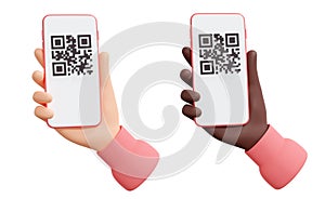 QR code reading 3d render illustration - hand holding mobile phone with barcode on screen.