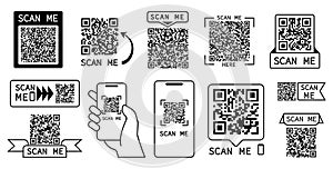 Qr code scan. Barcodes, codes for online payments or info find and scanning phones. Web app ui ux elements. Isolated