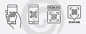 QR code scan icon with smartphone, scan me barcode sign, eps 10