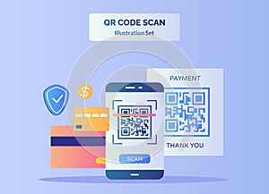 QR code scan illustration set barcode on display smartphone screen for payment background of credit card dollar shield