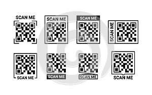 QR code scan me icon. Qrcode template for mobile app smartphone. Frame set, tag, template QR code for payment on phone