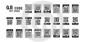 QR code, scan me set icons for mobile device design. Vector isolated sign