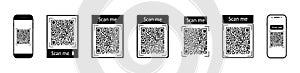 QR code for scan with mobile. Icons of barcode for phone scanner. Digital bar of logo with scan to me. Black qrcode for pay on