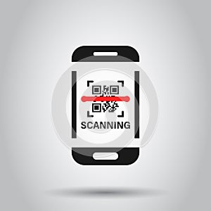 Qr code scan phone icon in flat style. Scanner in smartphone vector illustration on isolated background. Barcode business concept