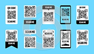 QR code scan. Qrcode design frame. Barcode scanner with white tag for smartphone. Identification label. Mobile pay