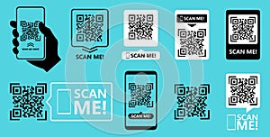 QR code scan for smartphone. Qr code frame vector set. Template scan me Qr code for smartphone. QR code for mobile app, payment