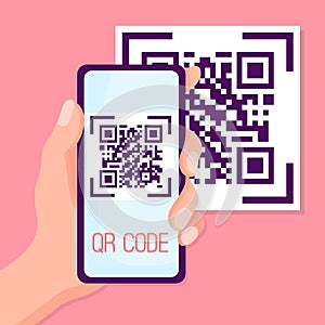 QR code scan to smartphone. Qr code for payment. Mobile phone scanning QR-code. Verification.