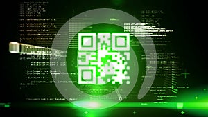 QR code scanner against data processing on green background