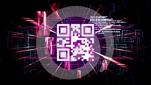 QR code scanner against data processing and light trails