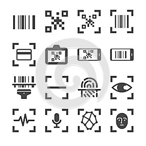 Qr code scanner and bar code scan vector line icon set. Included the icons as qr code, bar code, scanner, fingerprint scan and mor photo