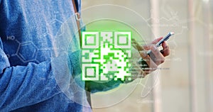 QR code scanner and chemical structures against man using smartphones