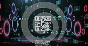 QR code scanner with neon elements against cyber security data processing