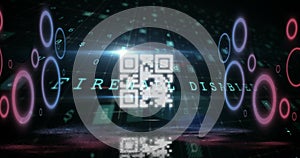 QR code scanner with neon elements against cyber security data processing