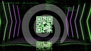 QR code scanner with neon elements against data processing